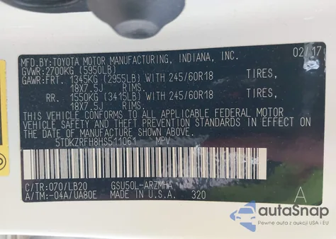 2017 Toyota Highlander Xle z USA, uszkodzony, nr VIN 5TDKZRFH8HS511061